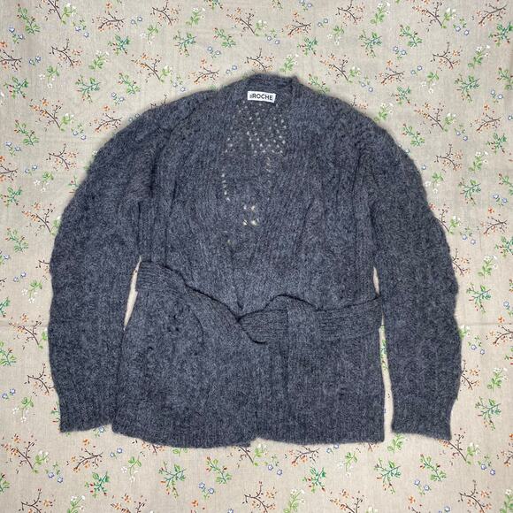 St. Roche Cora Belted Cable Knit Cardigan Sweater Gray Size XS Alpaca Warm Cozy - Picture 2 of 9